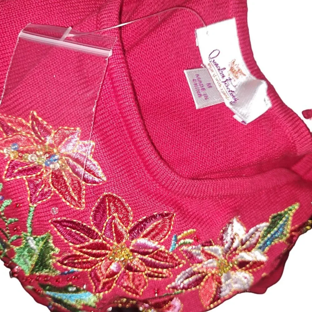 NWT-Quacker Factory Red Long Sleeve Poinsettia Bouquet Sweater Size: Med